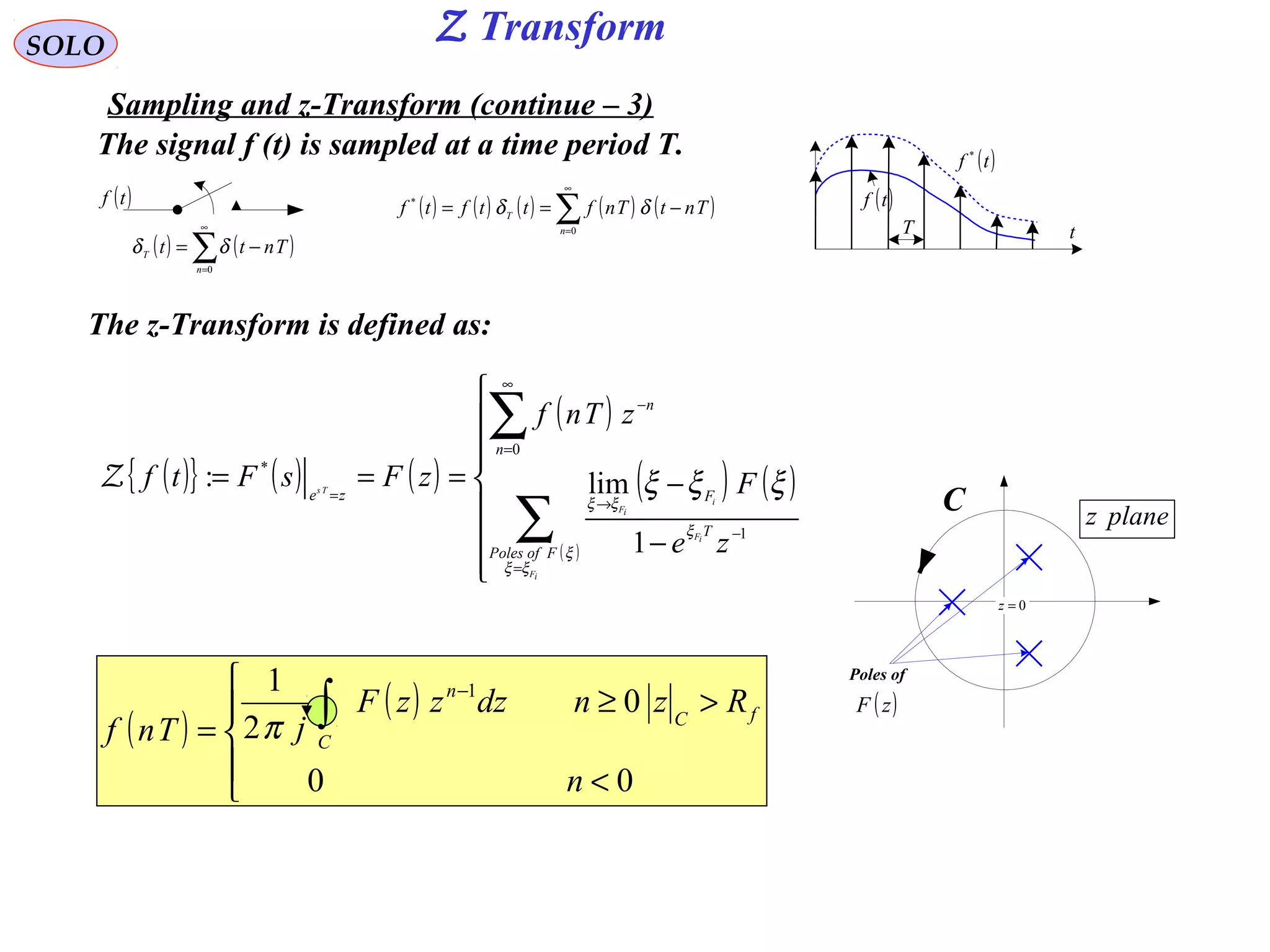 ( )tf
( ) ( )∑
∞
=
−=
0n
T Tntt δδ
( ) ( ) ( ) ( ) ( )∑
∞
=
−==
0
*
n
T
TntTnfttftf δδ
( )tf *
( )tf
T t
SOLO
Sampling and z-Transform (continue – 3)
0=z
planez
Poles of
( )zF
C
The signal f (t) is sampled at a time period T.
The z-Transform is defined as:
( ){ } ( ) ( )
( )
( ) ( )
( )








−
−===
∑
∑
=
−
→
∞
=
−
=
iF
iF
i
iF
Ts
FofPoles
T
F
n
n
ze
ze
F
zTnf
zFsFtf
ξξ
ξ
ξ
ξξ
ξξξ
1
0
*
1
lim:Z
( )
( )





<
>≥
= ∫
−
00
0
2
1 1
n
RzndzzzF
jTnf
fC
C
n
π
Z Transform
 