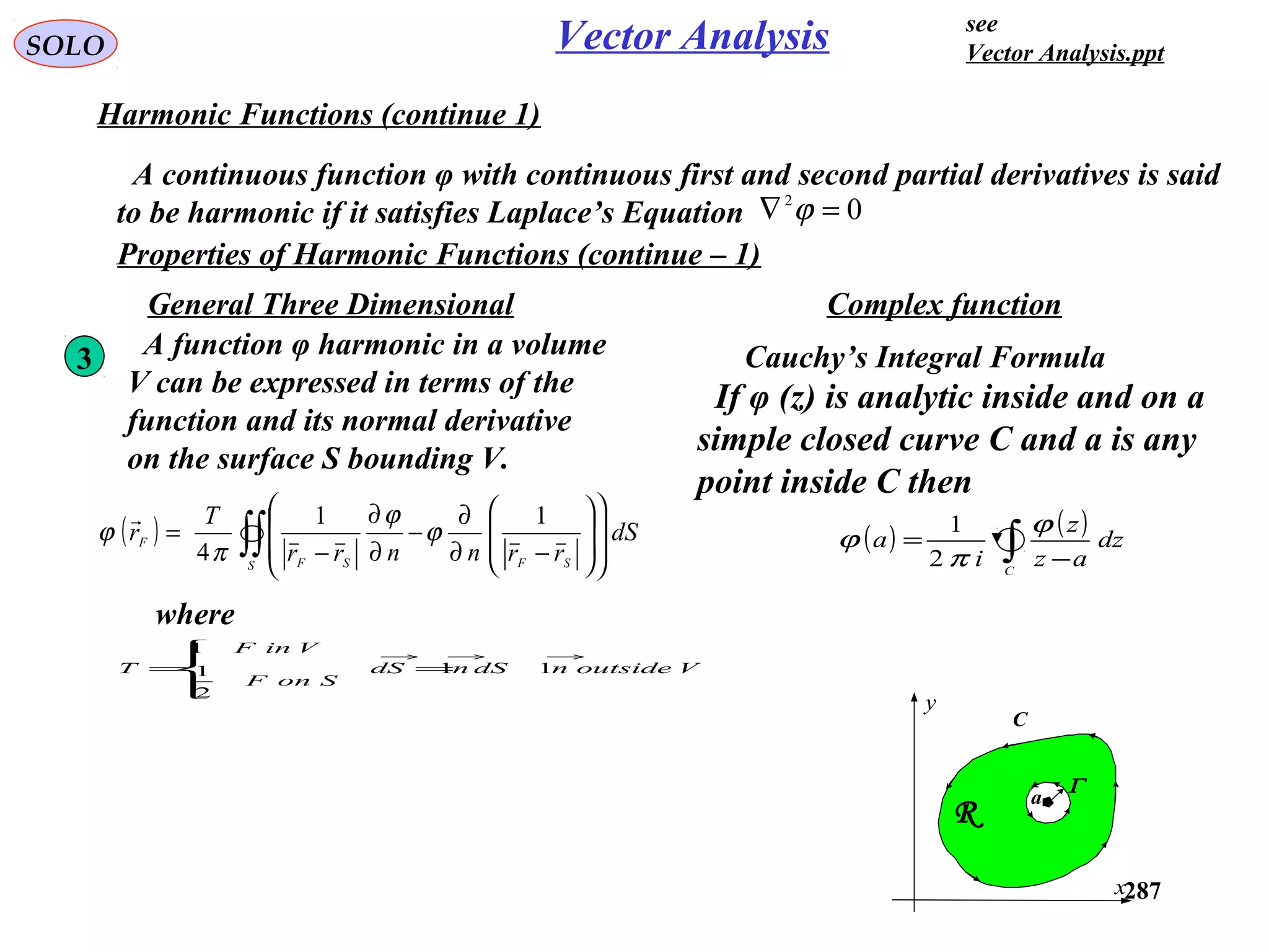 287
SOLO Vector Analysis
Harmonic Functions (continue 1)
A continuous function φ with continuous first and second partial derivatives is said
to be harmonic if it satisfies Laplace’s Equation 02
=∇ ϕ
Properties of Harmonic Functions (continue – 1)
3 A function φ harmonic in a volume
V can be expressed in terms of the
function and its normal derivative
on the surface S bounding V.
( ) ∫∫ 















−∂
∂
−
∂
∂
−
=
S SFSF
F dS
rrnnrr
T
r
11
4
ϕ
ϕ
π
ϕ

where
VoutsidendSndS
SonF
VinF
T
→→→
=




= 11
2
1
1
General Three Dimensional Complex function
If φ (z) is analytic inside and on a
simple closed curve C and a is any
point inside C then
( ) ( )
∫ −
=
C
dz
az
z
i
a
ϕ
π
ϕ
2
1
Cauchy’s Integral Formula
C
x
y
R
a
Γ
see
Vector Analysis.ppt
 