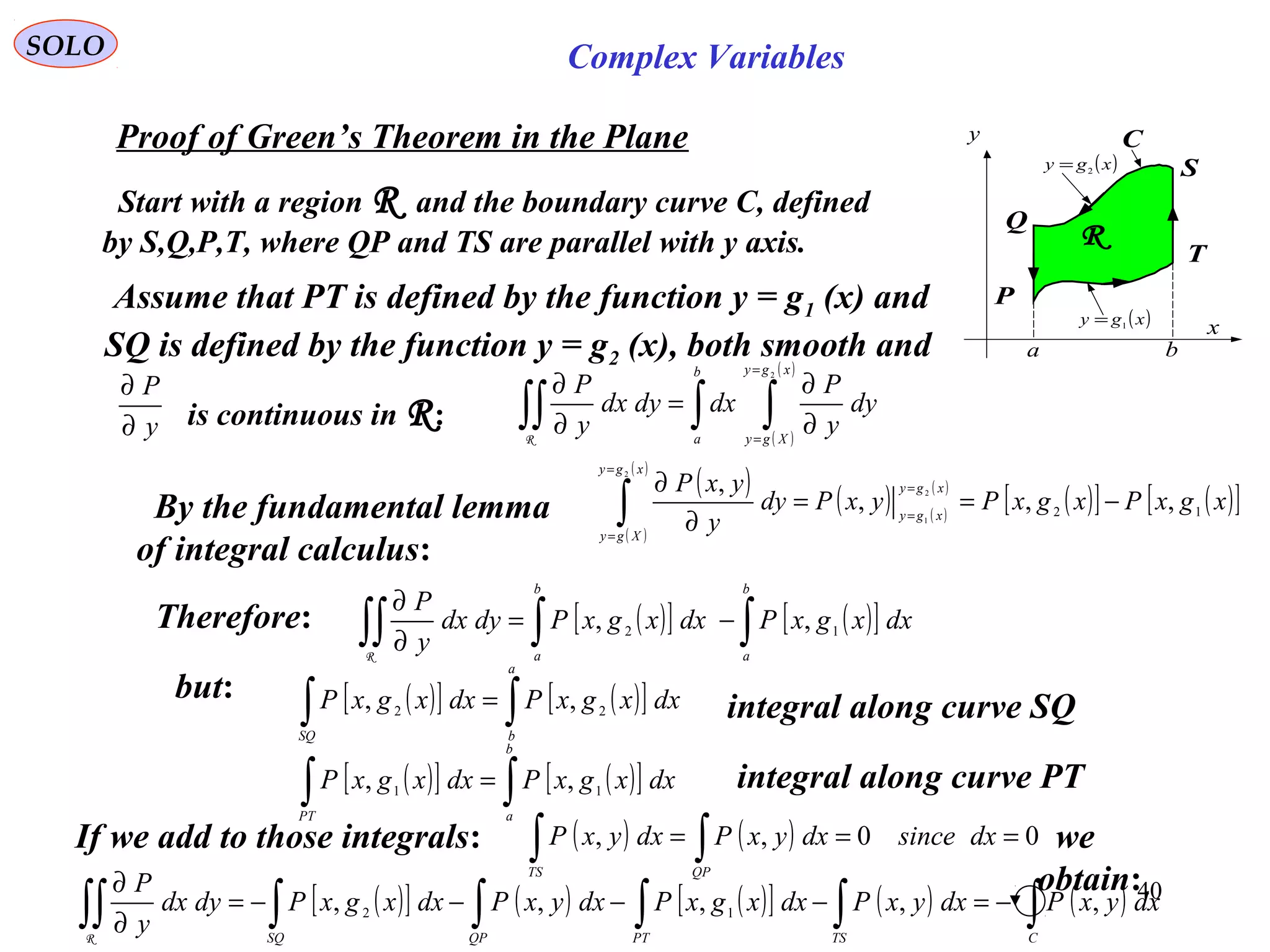 40
SOLO Complex Variables
Proof of Green’s Theorem in the Plane C
R
P
T
S
Q
a b
x
y
( )xgy 2=
( )xgy 1=
Start with a region R and the boundary curve C, defined
by S,Q,P,T, where QP and TS are parallel with y axis.
( )
( )
∫ ∫∫∫
=
=
∂
∂
=
∂
∂
b
a
xgy
Xgy
dy
y
P
dxdydx
y
P
2
R
By the fundamental lemma
of integral calculus:
( )
( )
( )
( ) ( )
( )
( )[ ] ( )[ ]xgxPxgxPyxPdy
y
yxP xgy
xgy
xgy
Xgy
12
,,,
, 2
1
2
−==
∂
∂ =
=
=
=
∫
Therefore: ( )[ ] ( )[ ]∫∫∫∫ −=
∂
∂
b
a
b
a
dxxgxPdxxgxPdydx
y
P
12
,,
R
but: ( )[ ] ( )[ ]∫∫ =
a
bSQ
dxxgxPdxxgxP 22
,, integral along curve SQ
( )[ ] ( )[ ]∫∫ =
b
aPT
dxxgxPdxxgxP 11
,, integral along curve PT
If we add to those integrals: ( ) ( ) 00,, === ∫∫ dxsincedxyxPdxyxP
QPTS
we
obtain:
( )[ ] ( ) ( )[ ] ( ) ( )∫∫∫∫∫∫∫ −=−−−−=
∂
∂
CTSPTQPSQ
dxyxPdxyxPdxxgxPdxyxPdxxgxPdydx
y
P
,,,,, 12
R
Assume that PT is defined by the function y = g1 (x) and
SQ is defined by the function y = g2 (x), both smooth and
y
P
∂
∂
is continuous in R:
 