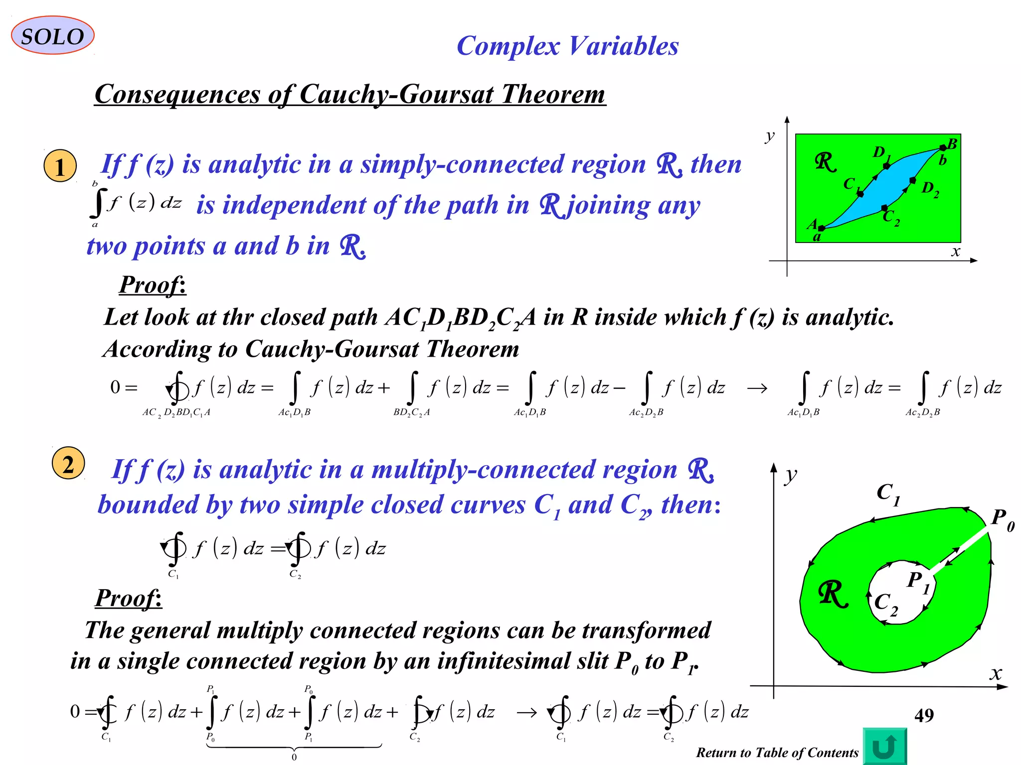 49
SOLO Complex Variables
Consequences of Cauchy-Goursat Theorem
B
x
y
R
A
C1
C2
D1
D2
a
bIf f (z) is analytic in a simply-connected region R, then
is independent of the path in R joining any
two points a and b in R.
( )∫
b
a
dzzf
Let look at thr closed path AC1D1BD2C2A in R inside which f (z) is analytic.
According to Cauchy-Goursat Theorem
( ) ( ) ( ) ( ) ( ) ( ) ( )∫∫∫∫∫∫∫ =→−=+==
BDAcBDAcBDAcBDAcACBDBDAcACBDDAC
dzzfdzzfdzzfdzzfdzzfdzzfdzzf
2211221122111122
0
Proof:
If f (z) is analytic in a multiply-connected region R,
bounded by two simple closed curves C1 and C2, then:
1
2
C1
x
y
R C2
P0
P1
( ) ( )∫∫ =
21 CC
dzzfdzzf
The general multiply connected regions can be transformed
in a single connected region by an infinitesimal slit P0 to P1.
( ) ( ) ( ) ( ) ( ) ( )∫∫∫∫∫∫ =→+++=
212
0
1
1
01
0
0
CCC
P
P
P
PC
dzzfdzzfdzzfdzzfdzzfdzzf
  
Proof:
Return to Table of Contents
 