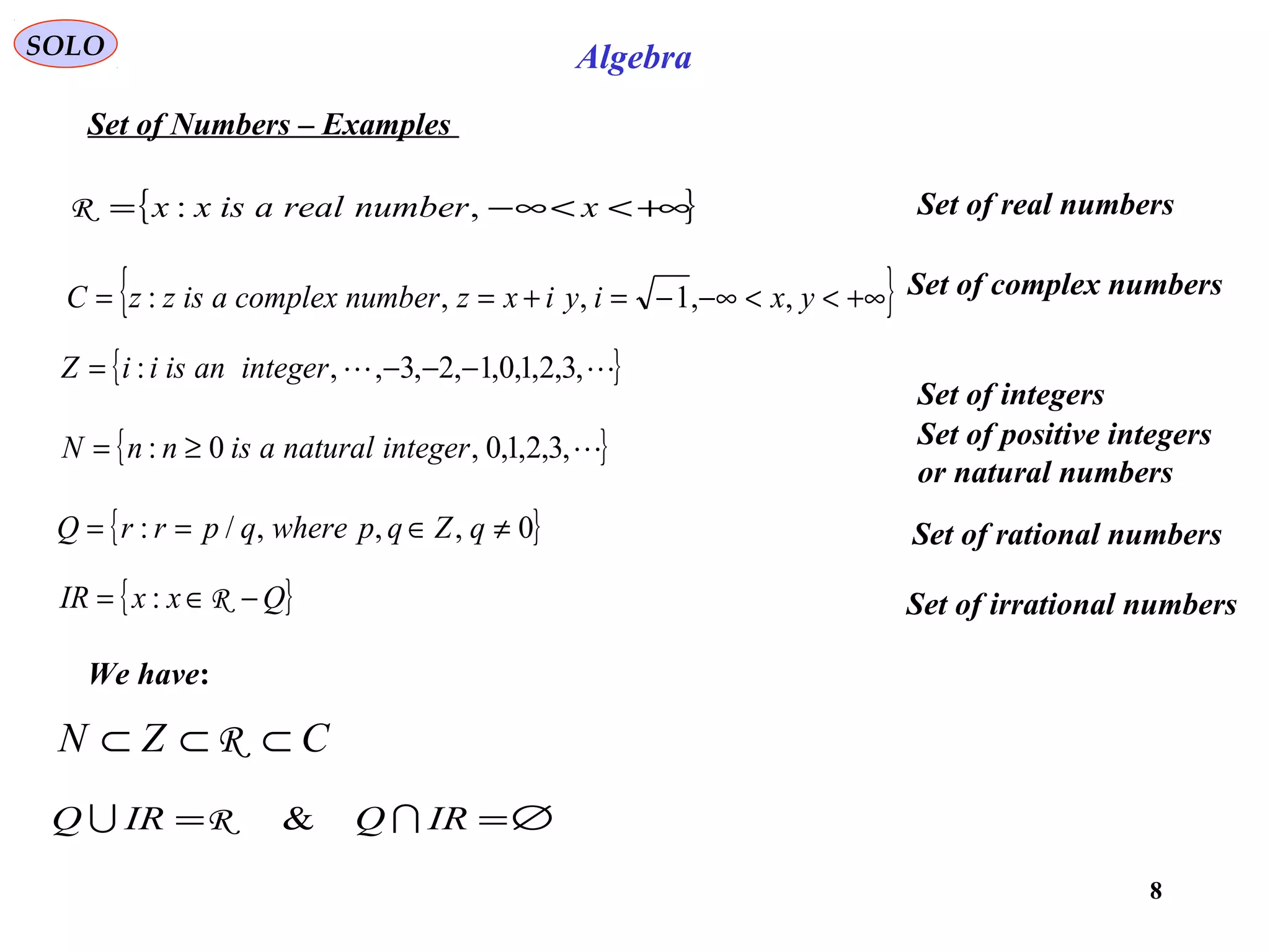 8
SOLO Algebra
Set of Numbers – Examples
{ }+∞<<∞−= xnumberrealaisxx ,:R Set of real numbers
{ }+∞<<−∞−=+== yxiyixznumbercomplexaiszzC ,,1,,: Set of complex numbers
{ } ,3,2,1,0,1,2,3,,: −−−= integeranisiiZ
Set of integers
{ },3,2,1,0,0: integernaturalaisnnN ≥= Set of positive integers
or natural numbers
{ }0,,,/: ≠∈== qZqpwhereqprrQ Set of rational numbers
We have:
CZN ⊂⊂⊂ R
{ }QxxIR −∈= R: Set of irrational numbers
∅== IRQIRQ  &R
 