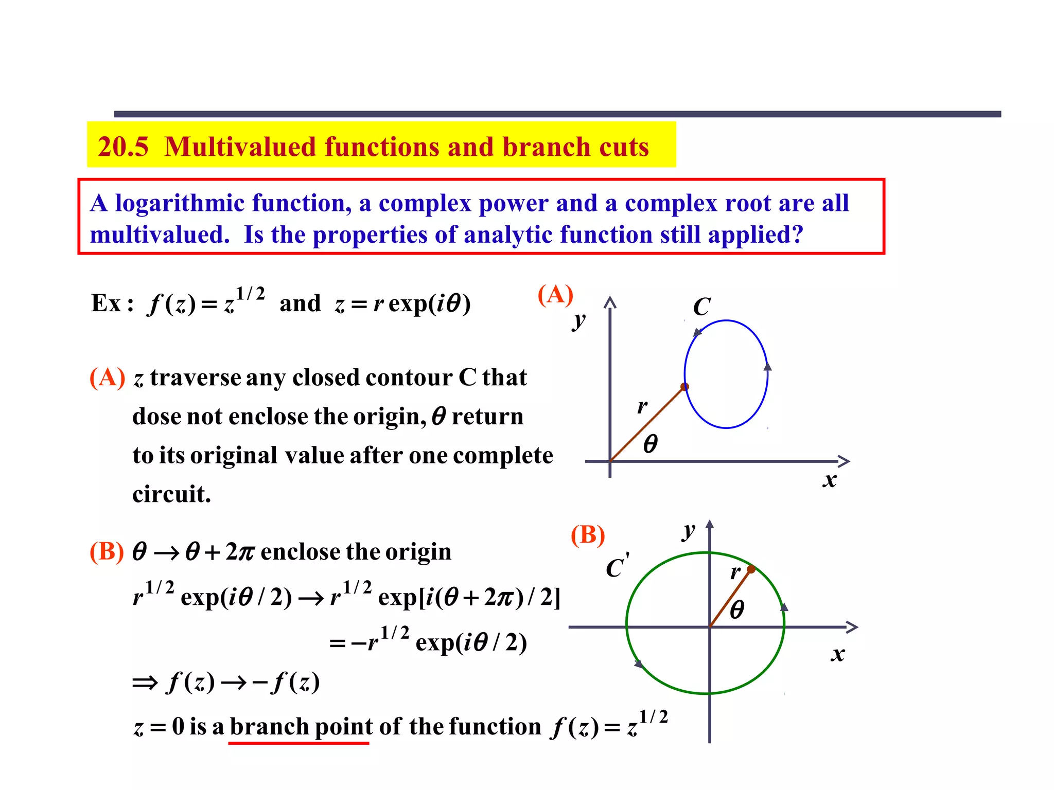 20.5 Multivalued functions and branch cuts
A logarithmic function, a complex power and a complex root are all
multivalued. Is the properties of analytic function still applied?

Ex : f ( z ) = z 1 / 2 and z = r exp(iθ )                (A)               C
                                                               y

(A) z traverse any closed contour C that
    dose not enclose the origin, θ return                              r
    to its original value after one complete                           θ
                                                                                   x
    circuit.
                                                               (B)         y
(B) θ → θ + 2π enclose the origin
                                                                  C'           r
        1/ 2                     1/ 2
    r          exp(iθ / 2) → r          exp[i (θ + 2π ) / 2]
                                                                               θ
                             = − r 1 / 2 exp(iθ / 2)                               x
    ⇒ f (z) → − f (z)
    z = 0 is a branch point of the function f ( z ) = z 1 / 2
 