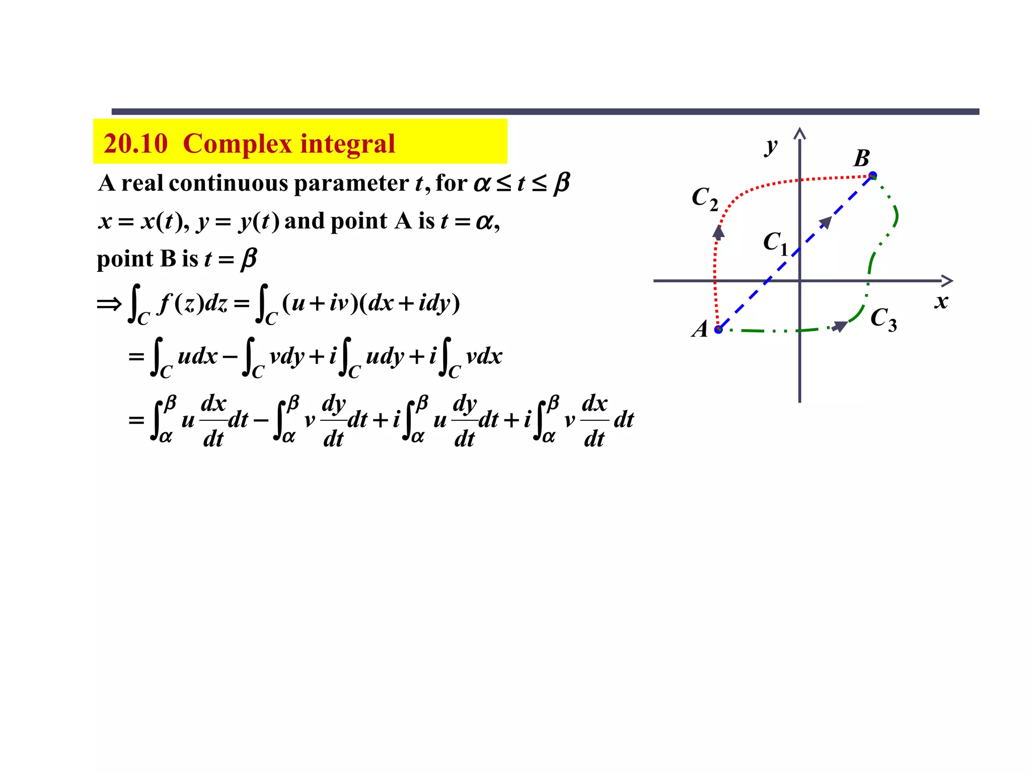20.10 Complex integral                                     y
                                                                B
A real continuous parameter t , for α ≤ t ≤ β
                                                      C2
x = x ( t ), y = y( t ) and point A is t = α ,
                                                           C1
point B is t = β
⇒ ∫ f ( z )dz = ∫ ( u + iv )(dx + idy )                              x
    C                C
                                                      A         C3
   = ∫ udx − ∫ vdy + i ∫ udy + i ∫ vdx
        C        C          C          C
        β   dx       β dy       β dy       β dx
   =∫ u        dt − ∫ v dt + i ∫ u dt + i ∫ v    dt
        α   dt       α dt       α dt       α  dt
 