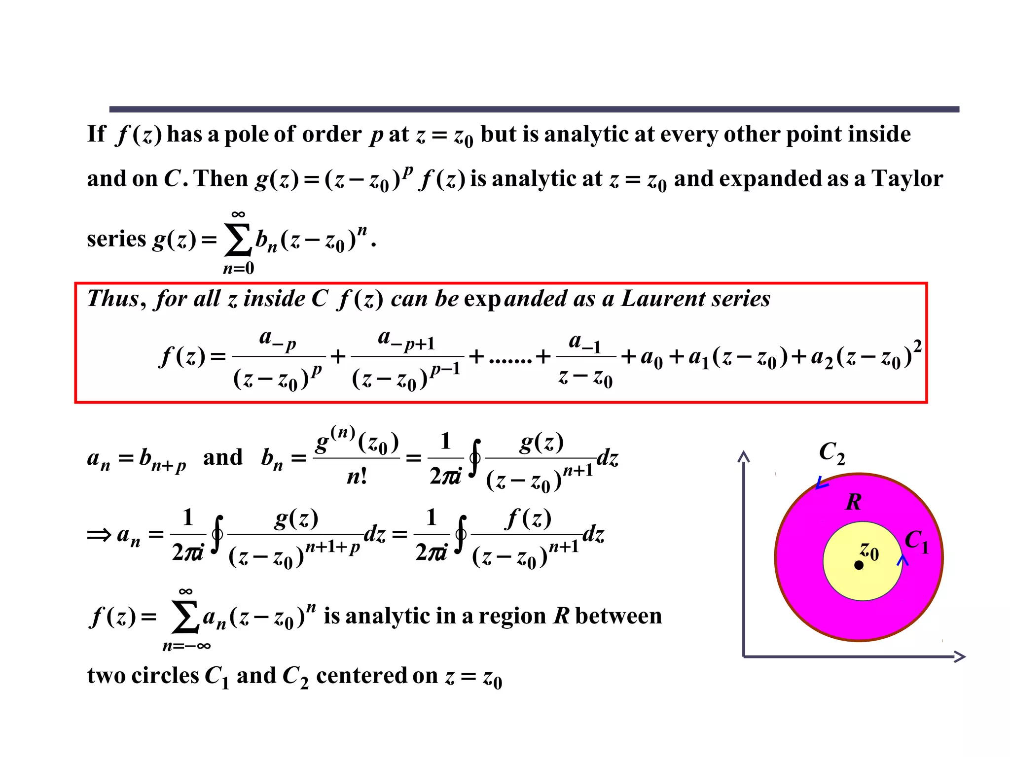 If f ( z ) has a pole of order p at z = z0 but is analytic at every other point inside
and on C . Then g ( z ) = ( z − z0 ) p f ( z ) is analytic at z = z0 and expanded as a Taylor
                  ∞
series g( z ) =   ∑ bn ( z − z0 )n .
                  n=0
Thus , for all z inside C f ( z ) can be exp anded as a Laurent series
                    a− p         a − p +1               a
        f (z) =             +               + ....... + −1 + a0 + a1 ( z − z0 ) + a 2 ( z − z0 )2
                ( z − z0 ) p ( z − z0 ) p−1            z − z0

                        g ( n ) ( z0 )    1         g( z )
a n = bn+ p    and bn =
                             n!
                                       =
                                         2πi ∫ ( z − z )n+1 dz                      C2
                                                      0
                                                                                        R
        1          g( z )            1         f (z)
       2πi ∫ ( z − z0 ) n+1+ p      2πi ∫ ( z − z0 ) n+1
⇒ an =                         dz =                      dz
                                                                                         z 0 C1
           ∞
f (z) =    ∑ an ( z − z0 )n is analytic in a region R between
          n= −∞
two circles C1 and C 2 centered on z = z0
 