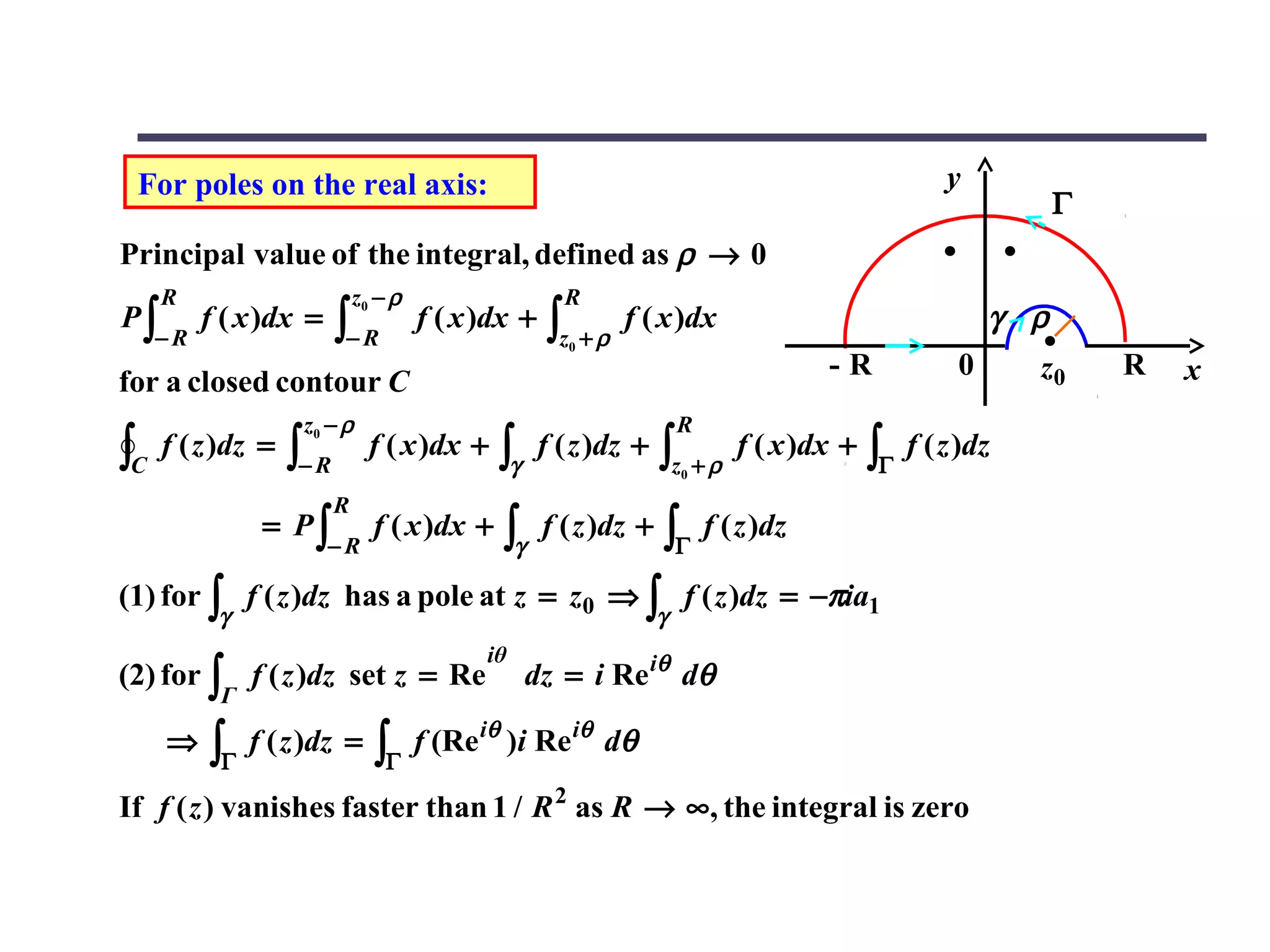 For poles on the real axis:                                                                     y
                                                                                                            Γ
Principal value of the integral, defined as ρ → 0
     R                        z0 − ρ                   R
P∫        f ( x )dx =     ∫− R         f ( x )dx +    ∫z + ρ   f ( x )dx                              γ ρ
     −R                                                 0
                                                                                    -R            0      z0     R   x
for a closed contour C
                    z0 − ρ                                             R
∫C   f ( z )dz =   ∫− R         f ( x )dx +   ∫γ     f ( z )dz +   ∫z + ρ
                                                                       0
                                                                            f ( x )dx +   ∫Γ f ( z )dz
                          R
                = P∫            f ( x )dx +    ∫γ    f ( z )dz +   ∫Γ f ( z )dz
                        −R

(1) for ∫ f ( z )dz has a pole at z = z0 ⇒ ∫ f ( z )dz = −πia1
           γ                                                       γ
                                             iθ
(2) for ∫ f ( z )dz set z = Re                      dz = i Re iθ dθ
           Γ

     ⇒    ∫Γ   f ( z )dz =      ∫Γ     f (Re iθ )i Re iθ dθ

If f ( z ) vanishes faster than 1 / R 2 as R → ∞, the integral is zero
 