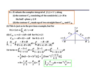 Ex : Evaluate the complex integral of f ( z ) = 1 / z along
      (i) the contour C 2 consisting of the semicircle | z |= R in
            the half - plane y ≥ 0
        (ii) the contour C 3 made up of two straight lines C 3a and C 3b
(i) This is just as in the previous example, but for
                                                                                      y
   0 ≤ t ≤ π ⇒ ∫ dz / z = πi                                                         iR
                   C2
                                                                              C 3b
(ii) C 3a : z = (1 − t ) R + itR for 0 ≤ t ≤ 1                                            C 3a
    C 3b : − sR + i (1 − s ) R for 0 ≤ s ≤ 1                        s=1                          t=0
    dz    1    − R + iR             1      − R − iR                       −R                     R x
∫C3 z 0 R + t (− R + iR) 0 iR + s(− R − iR)
       =∫                    dt + ∫                         dt

             1 −1+ i             1    2t − 1              1       1
1st term ⇒ ∫              dt = ∫                 dt + i ∫                 dt
             0 1 − t + it       0 1 − 2 t + 2t 2         0 1 − 2t + 2t 2

              1                             i              t −1/ 2 1
            = [ln(1 − 2t + 2t 2 )] |1 + [2 tan −1 (
                                       0                            )] |0
              2                             2                1/ 2
                   i π         π       πi             a                      x
            = 0 + [ − ( − )] =                  ∫ a2 + x2     dx = tan −1 ( ) + c
                   2 2         2        2                                    a
 