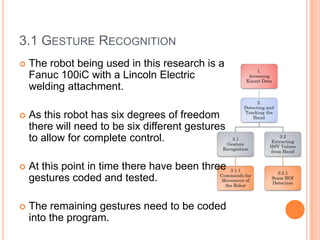 3.1 GESTURE RECOGNITION
   The robot being used in this research is a
    Fanuc 100iC with a Lincoln Electric
    welding attachment.

   As this robot has six degrees of freedom
    there will need to be six different gestures
    to allow for complete control.

   At this point in time there have been three
    gestures coded and tested.

   The remaining gestures need to be coded
    into the program.
 
