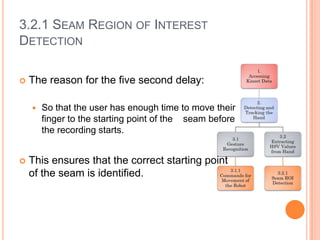 3.2.1 SEAM REGION OF INTEREST
DETECTION

   The reason for the five second delay:

       So that the user has enough time to move their
        finger to the starting point of the seam before
        the recording starts.


   This ensures that the correct starting point
    of the seam is identified.
 