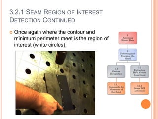 3.2.1 SEAM REGION OF INTEREST
DETECTION CONTINUED
   Once again where the contour and
    minimum perimeter meet is the region of
    interest (white circles).
 