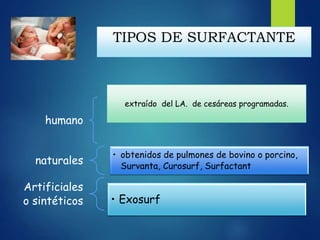 TIPOS DE SURFACTANTE
humano
naturales
• obtenidos de pulmones de bovino o porcino,
Survanta, Curosurf, Surfactant
Artificiales
o sintéticos • Exosurf
extraído del LA. de cesáreas programadas.
 