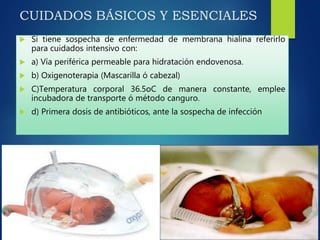 CUIDADOS BÁSICOS Y ESENCIALES
 Si tiene sospecha de enfermedad de membrana hialina referirlo
para cuidados intensivo con:
 a) Vía periférica permeable para hidratación endovenosa.
 b) Oxigenoterapia (Mascarilla ó cabezal)
 C)Temperatura corporal 36.5oC de manera constante, emplee
incubadora de transporte ó método canguro.
 d) Primera dosis de antibióticos, ante la sospecha de infección
 
