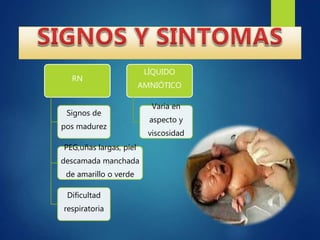 RN
Signos de
pos madurez
PEG,uñas largas, piel
descamada manchada
de amarillo o verde
Dificultad
respiratoria
LÍQUIDO
AMNIÓTICO
Varia en
aspecto y
viscosidad
 