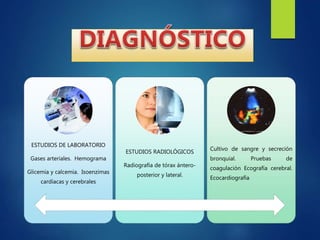 ESTUDIOS DE LABORATORIO
Gases arteriales. Hemograma
Glicemia y calcemia. Isoenzimas
cardíacas y cerebrales
ESTUDIOS RADIOLÓGICOS
Radiografía de tórax ántero-
posterior y lateral.
Cultivo de sangre y secreción
bronquial. Pruebas de
coagulación Ecografía cerebral.
Ecocardiografía
 