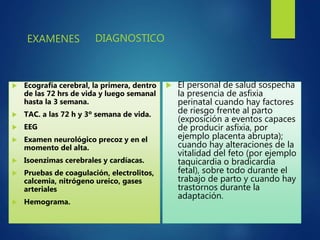 EXAMENES
 Ecografía cerebral, la primera, dentro
de las 72 hrs de vida y luego semanal
hasta la 3 semana.
 TAC. a las 72 h y 3º semana de vida.
 EEG
 Examen neurológico precoz y en el
momento del alta.
 Isoenzimas cerebrales y cardíacas.
 Pruebas de coagulación, electrolitos,
calcemia, nitrógeno ureico, gases
arteriales
 Hemograma.
DIAGNOSTICO
 El personal de salud sospecha
la presencia de asfixia
perinatal cuando hay factores
de riesgo frente al parto
(exposición a eventos capaces
de producir asfixia, por
ejemplo placenta abrupta);
cuando hay alteraciones de la
vitalidad del feto (por ejemplo
taquicardia o bradicardia
fetal), sobre todo durante el
trabajo de parto y cuando hay
trastornos durante la
adaptación.
 