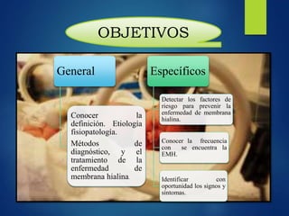 OBJETIVOS
General
Conocer la
definición. Etiología
fisiopatología.
Métodos de
diagnóstico, y el
tratamiento de la
enfermedad de
membrana hialina.
Específicos
Detectar los factores de
riesgo para prevenir la
enfermedad de membrana
hialina.
Conocer la frecuencia
con se encuentra la
EMH.
Identificar con
oportunidad los signos y
síntomas.
 