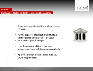 Retarus
Best Practice Highlights for Retention and Compliance




                   • Consistent global retention and disposition
                     program

                   • Have a separate organizational structure
                     that supports compliance; IT or Legal
                   • Be aware of global changes

                   • Look for commonalities in the most
                     stringent national policies, plan accordingly

                   • Apply a common global approach to your
                     technology solution



messaging services since 1992
 
