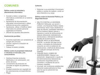 COMUNES
Delitos contra la intimidad y
allanamiento informático
• Acceder a datos o programas
informáticos contenidos en un sistema
informático.
• Apoderarse de documentación,
interceptar comunicaciones o utilizar
artificios de escucha y grabación.
• Apoderarse, utilizar o modificar datos
reservados de carácter personal
registrados en ficheros.
• Difundir los secretos descubiertos.
Insolvencias punibles
• Acuerdos especiales con acreedores al
margen del concurso.
• Causar o agravar la situación de
insolvencia.
• Falsear el estado contable.
Delitos contra la propiedad intelectual
e industrial, el mercado y los
consumidores
• Distribuir/importar productos
falsificados o sin autorización, con
ánimo de lucro.
• Lanzamiento de productos sin
consultar el registro de patentes y
marcas.
• Emplear productos con copyright sin
las autorizaciones correspondientes.
• Plagio.
Cohecho
• Sobornar a una autoridad o funcionario
público a cambio de realizar u omitir un
acto inherente a su cargo.
Delitos contra la Hacienda Pública y la
Seguridad Social
• DELITO CONTRA LA HACIENDA
PÚBLICA: Defraudar, por acción u
omisión, a la Hacienda Pública estatal,
autonómica, foral o local, eludiendo el
pago de tributos, cantidades retenidas o
que se hubieran debido retener o
ingresos a cuenta de retribuciones en
especie obteniendo indebidamente
devoluciones o disfrutando beneficios
fiscales de la misma forma.
• FRAUDE ANTE LA SEGURIDAD
SOCIAL: La elusión del pago de las
cuotas, y conceptos de recaudación
conjunta; así como la obtención de
devoluciones, o disfrute de deducciones
por cualquier concepto de forma
indebida.
• FRAUDE EN EL COBRO DE
SUBVENCIONES: Obtener una
subvención, desgravación o ayuda de
las Administraciones falseando las
condiciones requeridas para su
concesión u ocultando las que la
hubiesen impedido.
• Incumplir, las condiciones establecidas
alterando sustancialmente los fines
para los que la subvención fue
concedida.
 