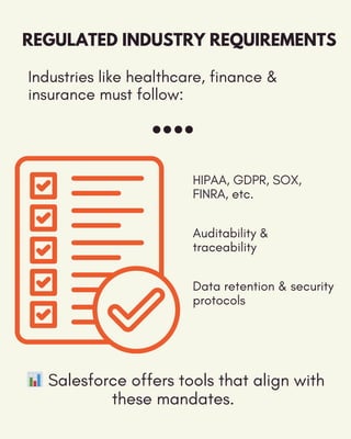 HIPAA, GDPR, SOX,
FINRA, etc.
Auditability &
traceability
Data retention & security
protocols
REGULATED INDUSTRY REQUIREMENTS
Industries like healthcare, finance &
insurance must follow:
📊Salesforce offers tools that align with
these mandates.
 