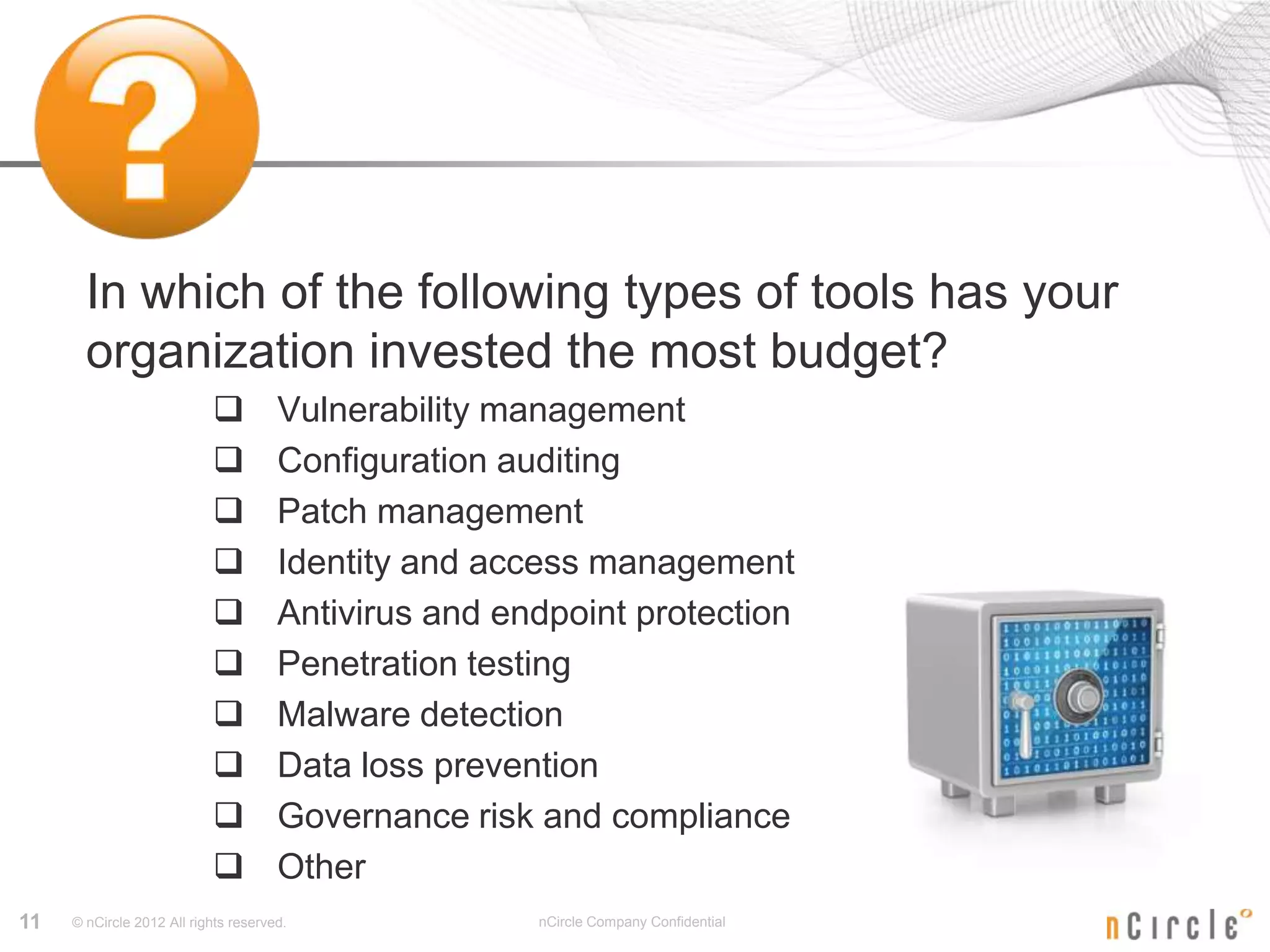 In which of the following types of tools has your
       organization invested the most budget?
                                     Vulnerability management
                                     Configuration auditing
                                     Patch management
                                     Identity and access management
                                     Antivirus and endpoint protection
                                     Penetration testing
                                     Malware detection
                                     Data loss prevention
                                     Governance risk and compliance
                                     Other
11   © nCircle 2012 All rights reserved.              nCircle Company Confidential
 