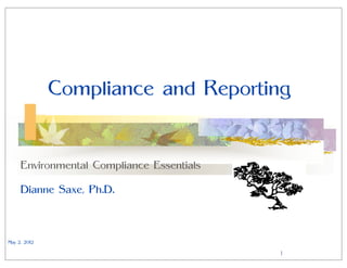 Compliance and Reporting


     Environmental Compliance Essentials

     Dianne Saxe, Ph.D.



May 2, 2012

                                           1
 