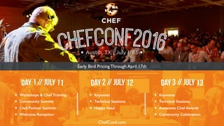 Austin, TX | July 11-13
Early Bird Pricing Through April 17th
«  Workshops & Chef Training!
«  Community Summit!
«  Chef Partner Summit!
«  Welcome Reception!
«  Keynotes!
«  Technical Sessions!
«  Happy Hour!
«  Keynotes!
«  Technical Sessions!
«  Awesome Chef Awards!
«  Community Celebration!
ChefConf.com
 
