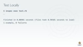 Test Locally
$ inspec	exec	test.rb	
.

Finished in 0.00901 seconds (files took 0.98501 seconds to load)
1 example, 0 failures


 