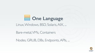 One Language!
Linux,Windows, BSD, Solaris,AIX, ...
Bare-metal,VMs, Containers
Nodes, GRUB, DBs, Endpoints,APIs, ...
 