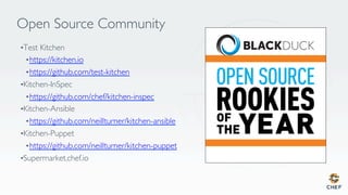 Open Source Community
• Test Kitchen
• https://kitchen.io
• https://github.com/test-kitchen
• Kitchen-InSpec
• https://github.com/chef/kitchen-inspec
• Kitchen-Ansible
• https://github.com/neillturner/kitchen-ansible
• Kitchen-Puppet
• https://github.com/neillturner/kitchen-puppet
• Supermarket.chef.io
 
