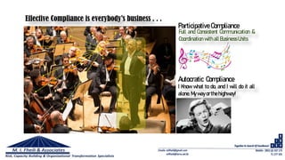 Participative Compliance
Full and Consistent Communication &
Coordination with all Business Units
Autocratic Compliance
I Know what to do, and I will do it all
alone. Myway orthe highway!
Effective Compliance is everybody’s business . . .
 