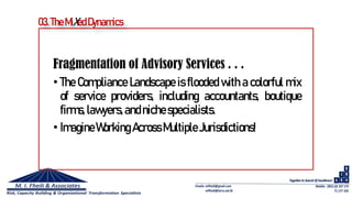 Fragmentation of Advisory Services . . .
• The Compliance Landscape is flooded with a colorful mix
of service providers, including accountants, boutique
firms,lawyers,andniche specialists.
• ImagineWorking AcrossMultiple Jurisdictions!
03.TheMiXed Dynamics
 