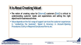 ItIsAboutCreatingValue!
 The notion of creating value for [Internal] customers [Sale] is critical to
understanding customer needs and expectations and setting the right
objectivesfor businessactivities.
 Value depends on the full range of support services the customer experiences
in “conducting the business”: Speed & Accuracy in Account-Opening
Procedures;ClarityinRequired ComplianceForms,etc.
 