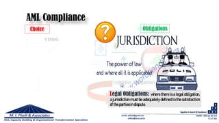 AML Compliance
Choice Obligations
Legal Obligations: where there is a legal obligation,
a jurisdiction must be adequately defined to the satisfaction
of the partiesin dispute.
 