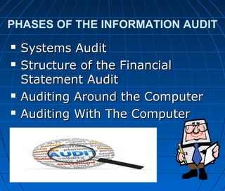 PHASES OF THE INFORMATION AUDIT
 Systems AuditSystems Audit
 Structure of the FinancialStructure of the Financial
Statement AuditStatement Audit
 Auditing Around the ComputerAuditing Around the Computer
 Auditing With The ComputerAuditing With The Computer
 