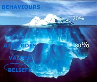 ATTITUDES
VALUES
BELIEFS
BEHAVIOURS
20%
80%
 