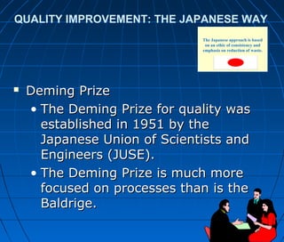 QUALITY IMPROVEMENT: THE JAPANESE WAY
 Deming PrizeDeming Prize
• The Deming Prize for quality wasThe Deming Prize for quality was
established in 1951 by theestablished in 1951 by the
Japanese Union of Scientists andJapanese Union of Scientists and
Engineers (JUSE).Engineers (JUSE).
• The Deming Prize is much moreThe Deming Prize is much more
focused on processes than is thefocused on processes than is the
Baldrige.Baldrige.
The Japanese approach is based
on an ethic of consistency and
emphasis on reduction of waste.
 