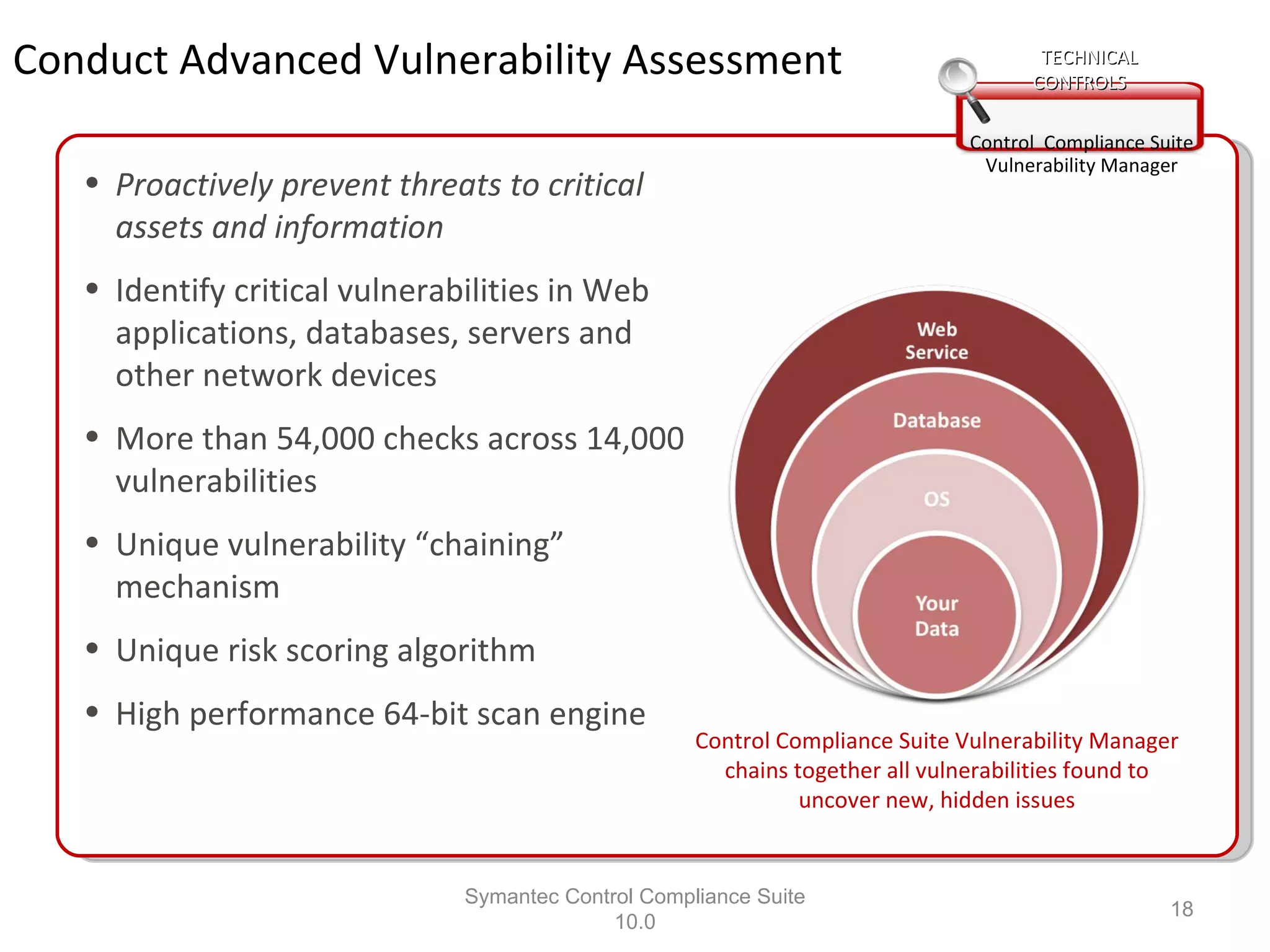 Conduct Advanced Vulnerability Assessment Symantec Control Compliance Suite 10.0 Control  Compliance Suite Vulnerability Manager Proactively prevent threats to critical assets and information Identify critical vulnerabilities in Web applications, databases, servers and other network devices More than 54,000 checks across 14,000 vulnerabilities Unique vulnerability “chaining” mechanism  Unique risk scoring algorithm High performance 64-bit scan engine Control Compliance Suite Vulnerability Manager chains together all vulnerabilities found to uncover new, hidden issues TECHNICAL CONTROLS 
