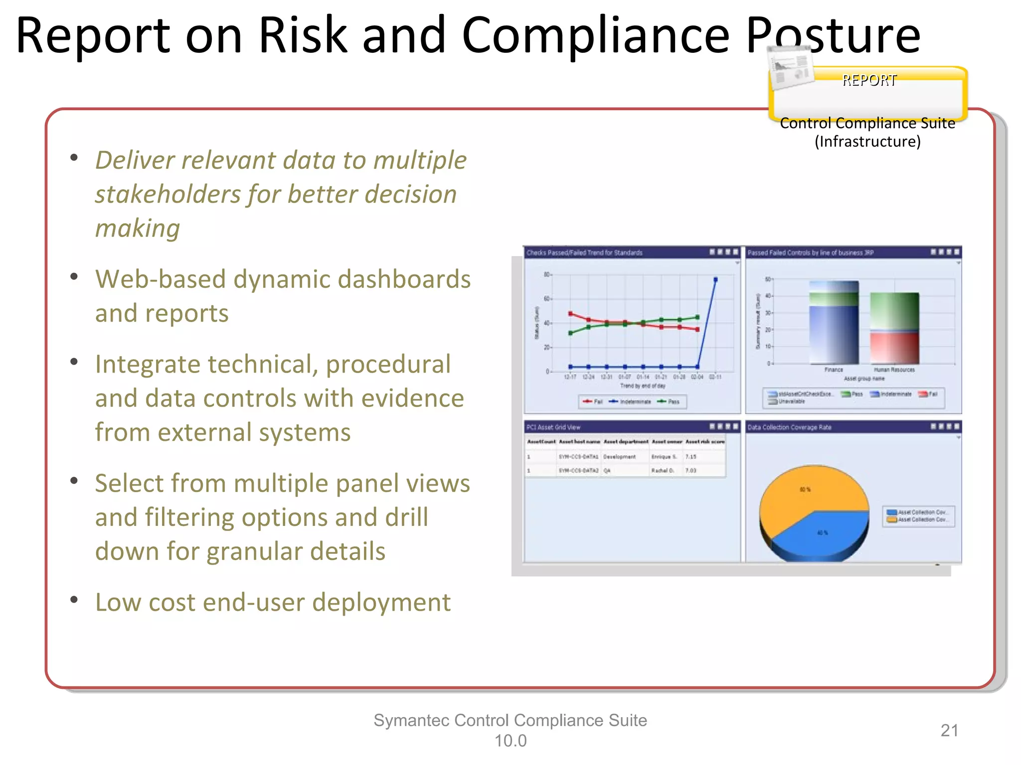 Report on Risk and Compliance Posture Symantec Control Compliance Suite 10.0 REPORT Control Compliance Suite (Infrastructure) Deliver relevant data to multiple stakeholders for better decision making Web-based dynamic dashboards and reports Integrate technical, procedural and data controls with evidence from external systems Select from multiple panel views and filtering options and drill down for granular details Low cost end-user deployment 