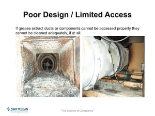 Poor Design / Limited Access 
If grease extract ducts or components cannot be accessed properly they 
cannot be cleaned adequately, if at all. 
“The Science of Compliance” 
 