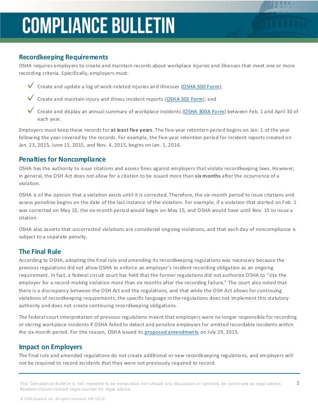 Compliance Bulletin OSHA Clarifies Ongoing Recordkeeping Obligations
