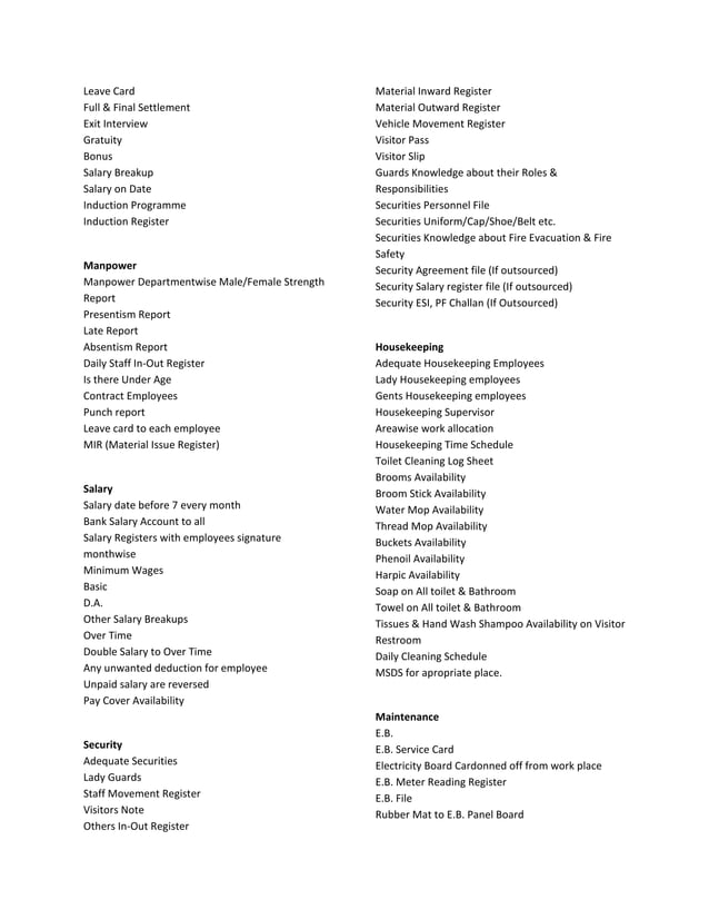 Compliance checklist for garment inustry
