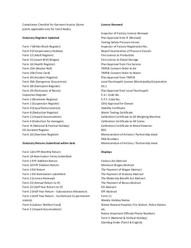 Compliance checklist for garment inustry