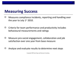 Measuring Success <ul><li>Measures compliance incidents, reporting and handling over the year to July 1 st  2010.  </li></...