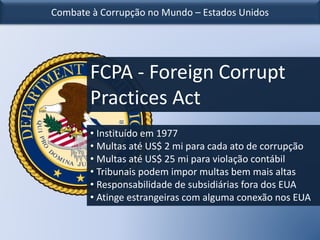 Combate à Corrupção no Mundo – Estados Unidos
• Instituído em 1977
• Multas até US$ 2 mi para cada ato de corrupção
• Multas até US$ 25 mi para violação contábil
• Tribunais podem impor multas bem mais altas
• Responsabilidade de subsidiárias fora dos EUA
• Atinge estrangeiras com alguma conexão nos EUA
FCPA - Foreign Corrupt
Practices Act
 