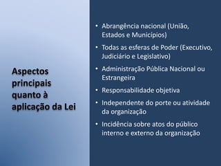 Aspectos
principais
quanto à
aplicação da Lei
• Abrangência nacional (União,
Estados e Municípios)
• Todas as esferas de Poder (Executivo,
Judiciário e Legislativo)
• Administração Pública Nacional ou
Estrangeira
• Responsabilidade objetiva
• Independente do porte ou atividade
da organização
• Incidência sobre atos do público
interno e externo da organização
 