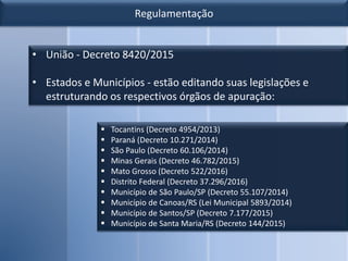 Regulamentação
 Tocantins (Decreto 4954/2013)
 Paraná (Decreto 10.271/2014)
 São Paulo (Decreto 60.106/2014)
 Minas Gerais (Decreto 46.782/2015)
 Mato Grosso (Decreto 522/2016)
 Distrito Federal (Decreto 37.296/2016)
 Município de São Paulo/SP (Decreto 55.107/2014)
 Município de Canoas/RS (Lei Municipal 5893/2014)
 Município de Santos/SP (Decreto 7.177/2015)
 Município de Santa Maria/RS (Decreto 144/2015)
• União - Decreto 8420/2015
• Estados e Municípios - estão editando suas legislações e
estruturando os respectivos órgãos de apuração:
 