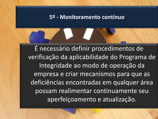 5º - Monitoramento contínuo
É necessário definir procedimentos de
verificação da aplicabilidade do Programa de
Integridade ao modo de operação da
empresa e criar mecanismos para que as
deficiências encontradas em qualquer área
possam realimentar continuamente seu
aperfeiçoamento e atualização.
 
