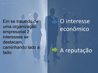 Em se tratando de
uma organização
empresarial 2
interesses se
destacam,
caminhando lado a
lado:
O interesse
econômico
A reputação
 