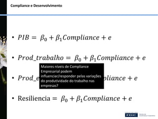 Compliance e Desenvolvimento
Maiores níveis de Compliance
Empresarial podem
influenciar/responder pelas variações
do produtividade do trabalho nas
empresas?
 