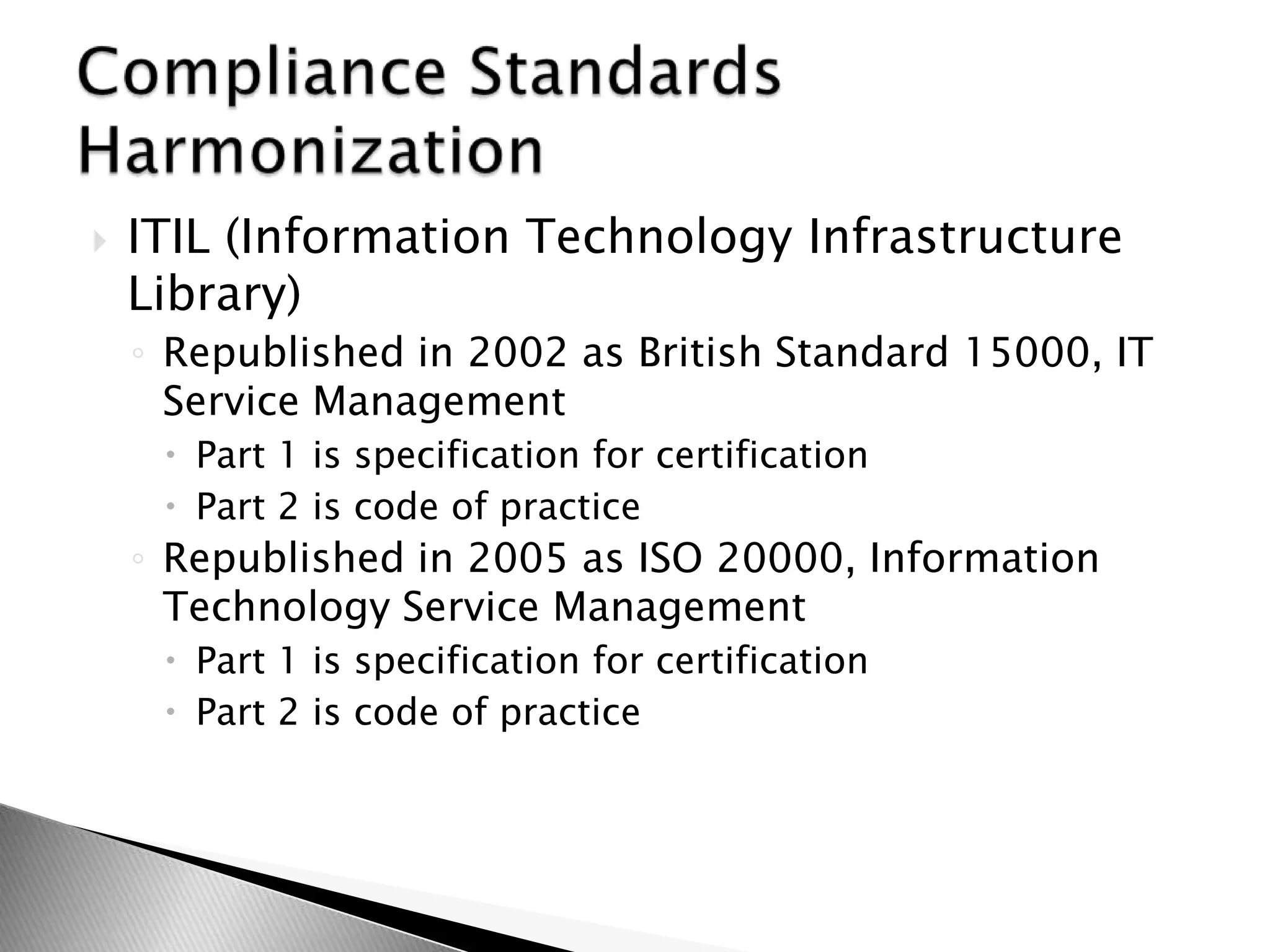 ITIL (Information Technology Infrastructure Library)Republished in 2002 as British Standard 15000, IT Service ManagementPart 1 is specification for certificationPart 2 is code of practiceRepublished in 2005 as ISO 20000, Information Technology Service ManagementPart 1 is specification for certificationPart 2 is code of practiceCompliance Standards Harmonization