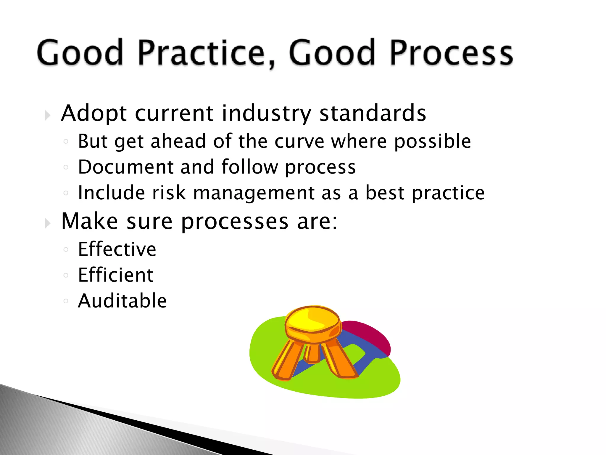 Adopt current industry standardsBut get ahead of the curve where possibleDocument and follow processInclude risk management as a best practiceMake sure processes are:EffectiveEfficientAuditableGood Practice, Good Process